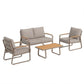 Patio seating set: loveseat and 2 armchairs with beige cushions, plus wood coffee table