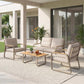 Outdoor patio furniture set with loveseat, 2 armchairs, and square coffee table with cushions