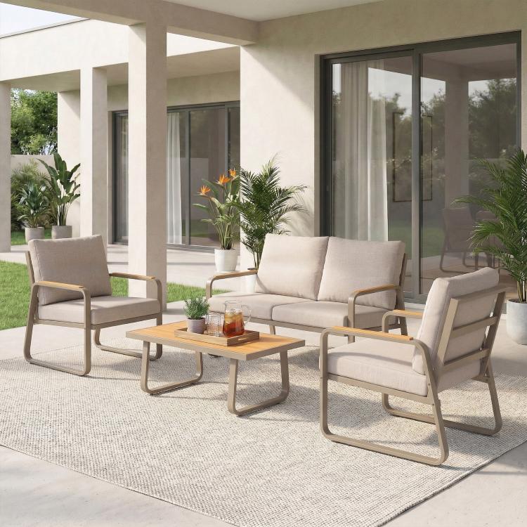 Outdoor patio furniture set with loveseat, 2 armchairs, and square coffee table with cushions