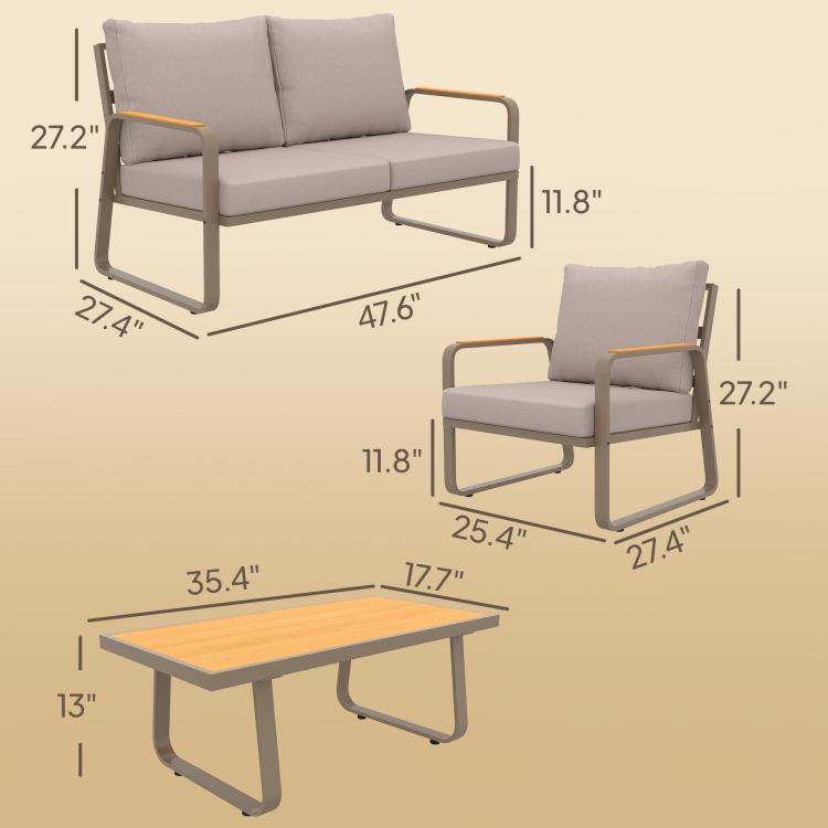 Patio furniture set diagram with loveseat and armchair sizes plus coffee table dimensions