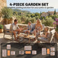 Outdoor patio seating set with loveseat, 2 armchairs, and coffee table with cushions
