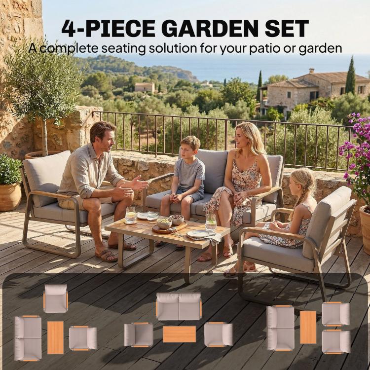 Outdoor patio seating set with loveseat, 2 armchairs, and coffee table with cushions