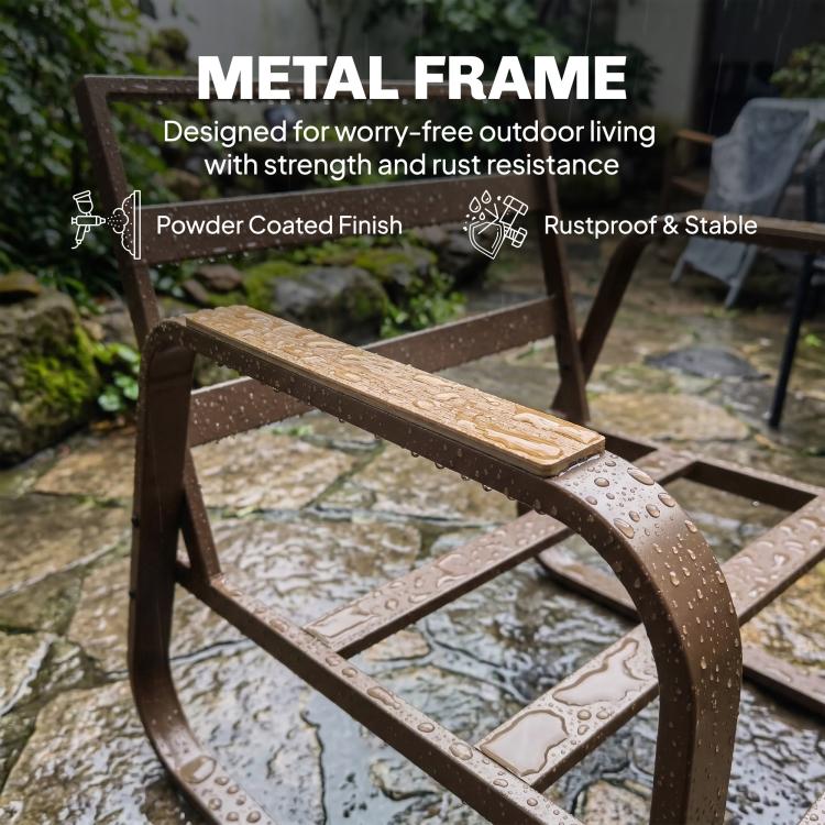 Powder-coated metal armchair frame with wood-look arm accents, water droplets close-up