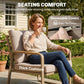 Outdoor armchair with thick cushions, removable cover seam details, and metal arm frame