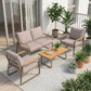 Outdoor patio furniture set with loveseat, 2 armchairs, and square coffee table on rug