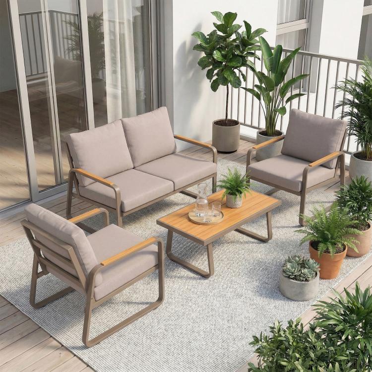 Outdoor patio furniture set with loveseat, 2 armchairs, and square coffee table on rug