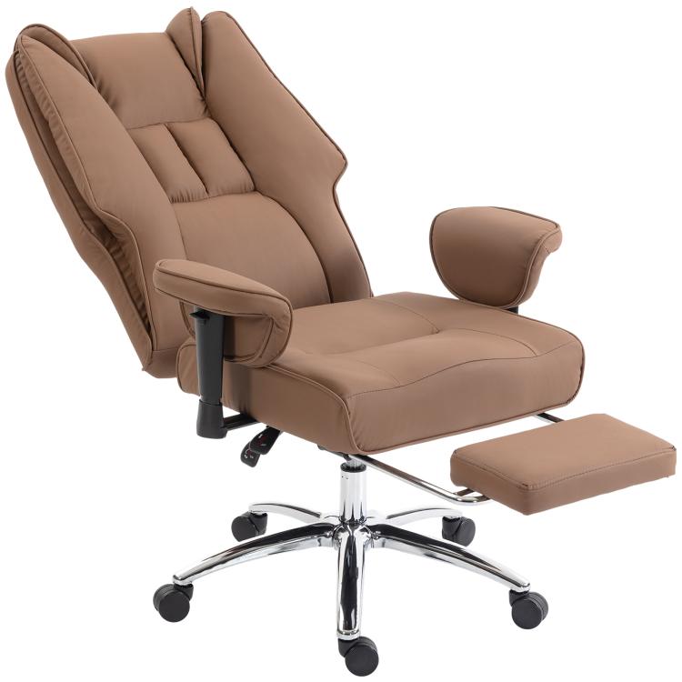 Brown high-back reclining office chair with padded armrests and footrest, swivel base
