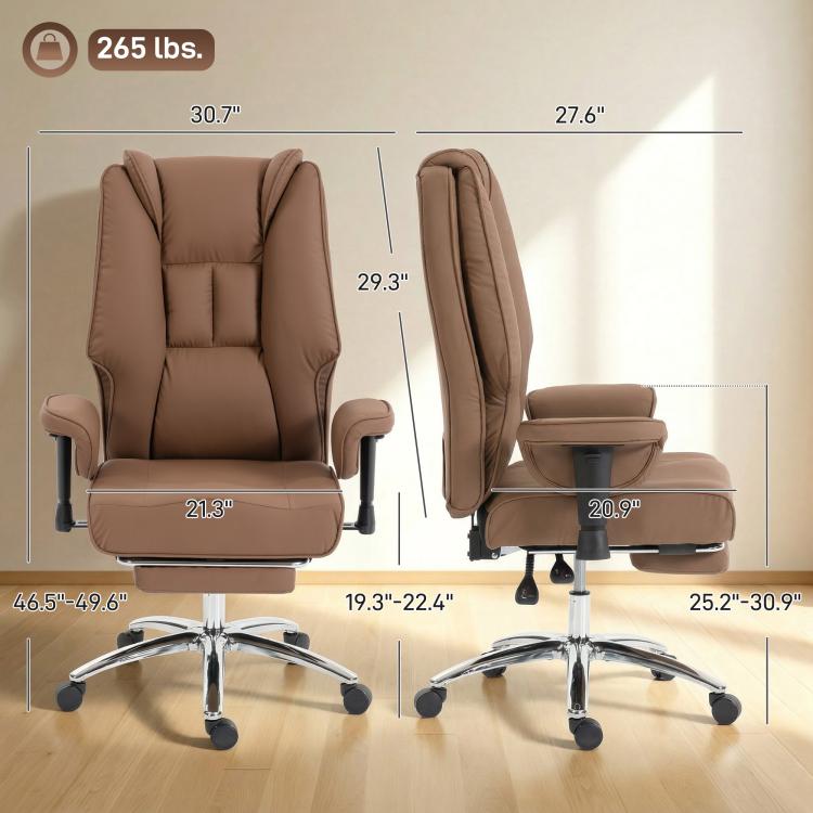 Brown ergonomic office chair dimensions view, high back, padded armrests, swivel base