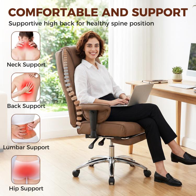 Brown high-back ergonomic office chair with head, back, and lumbar support features