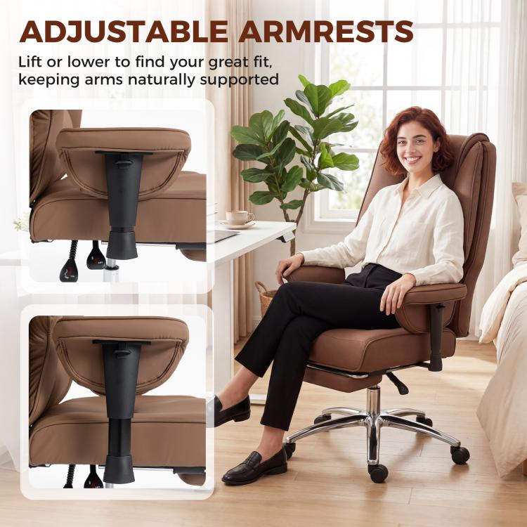 Brown office chair with adjustable armrests and padded high back, swivel base