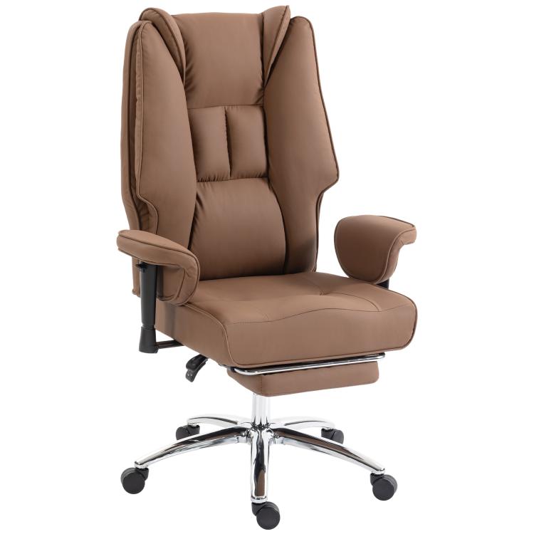 Brown high-back reclining office chair with padded armrests, footrest, and swivel base
