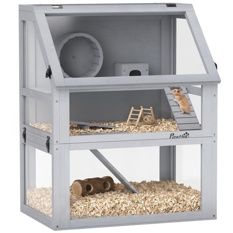 3 Tier Wooden Hamster Cage w/ Detachable Bottom, Hut, Seesaw, Exercise Wheel, Ramps, 24 inch x 16 inch x 29.5 inch
