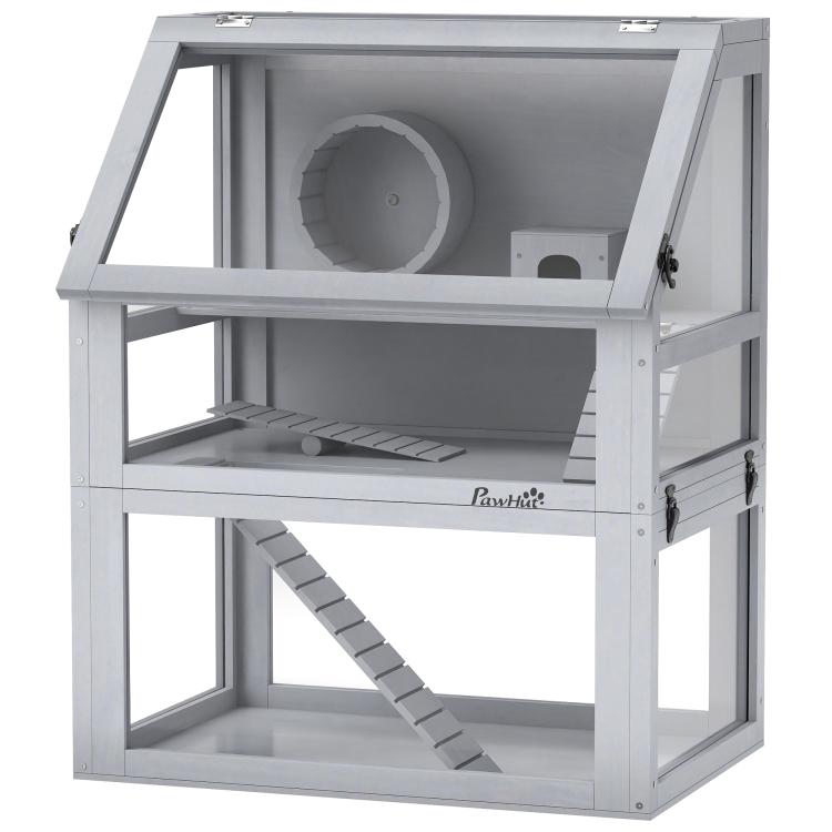3 Tier Wooden Hamster Cage w/ Detachable Bottom, Hut, Seesaw, Exercise Wheel, Ramps, 24 inch x 16 inch x 29.5 inch