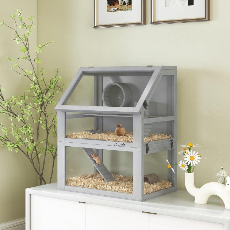 3 Tier Wooden Hamster Cage w/ Detachable Bottom, Hut, Seesaw, Exercise Wheel, Ramps, 24 inch x 16 inch x 29.5 inch