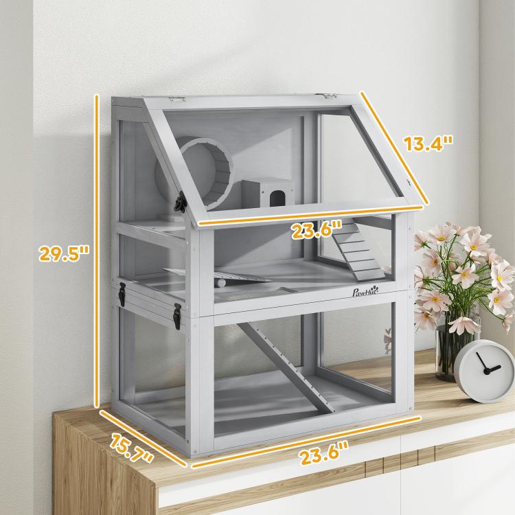 3 Tier Wooden Hamster Cage w/ Detachable Bottom, Hut, Seesaw, Exercise Wheel, Ramps, 24 inch x 16 inch x 29.5 inch