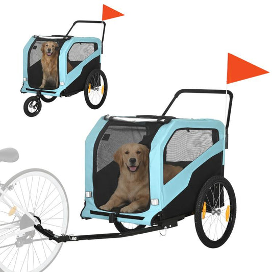 Blue 2-in-1 dog bike trailer and pet stroller with open mesh door and safety bar