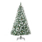 Snow-dusted full fir artificial Christmas tree with pine cones, green branches