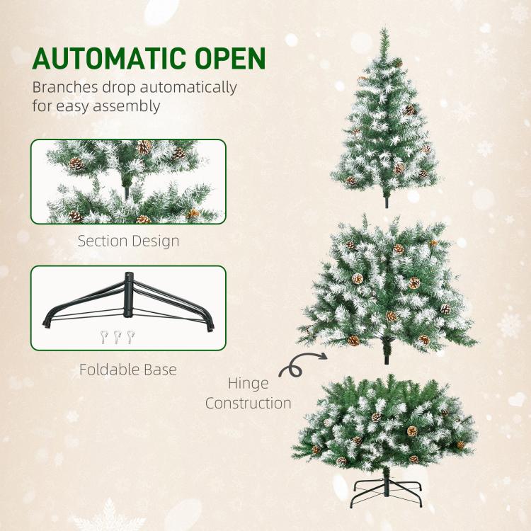 Artificial fir Christmas tree with pine cones and an open folding stand