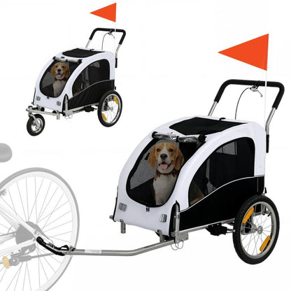 White foldable dog bike trailer with mesh side windows and rear flag, dog inside