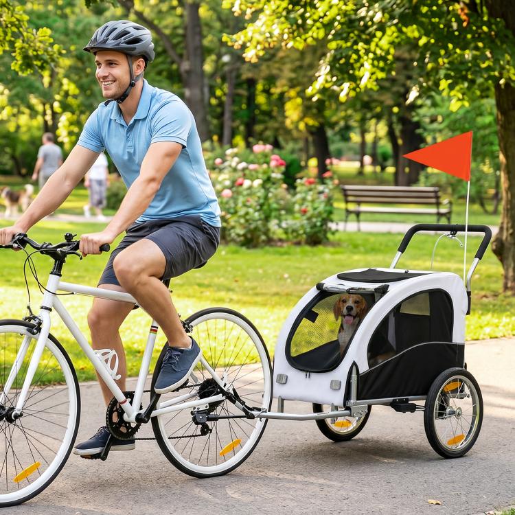 White pet bike trailer hitched to bicycle, dog seated behind mesh front window