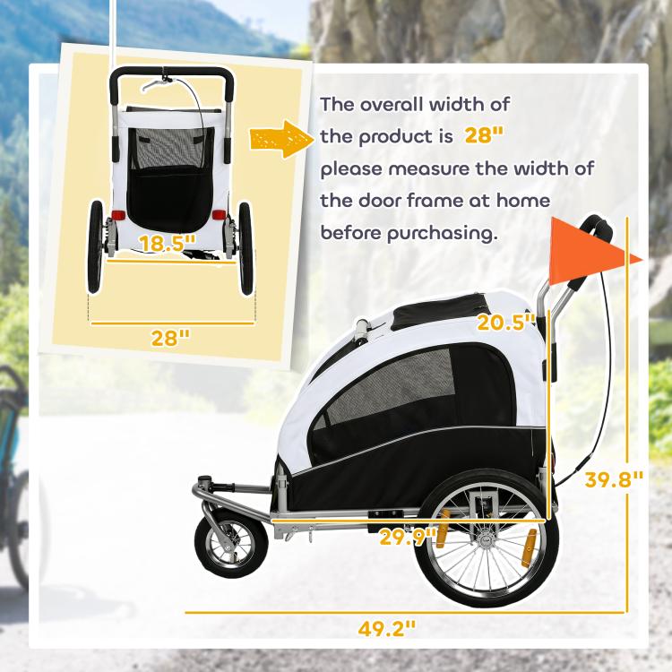 White foldable pet trailer stroller with front door opening and side mesh window panel