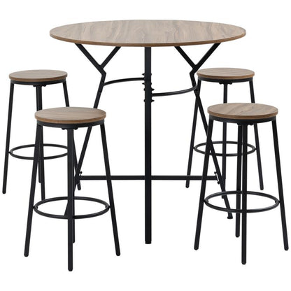 Round bar table with four matching stools, black steel legs, wood-look tabletop and seats.