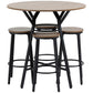 Round bar table with four stools, black metal X-frame and wood-look round seats.