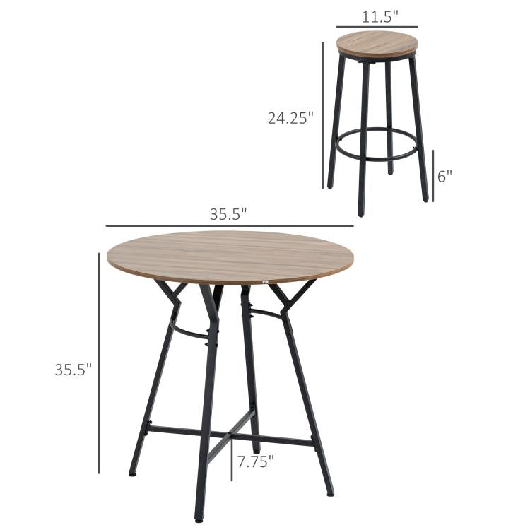 Round bar table with four matching stools, black metal frames, wood-look tabletop and seats.
