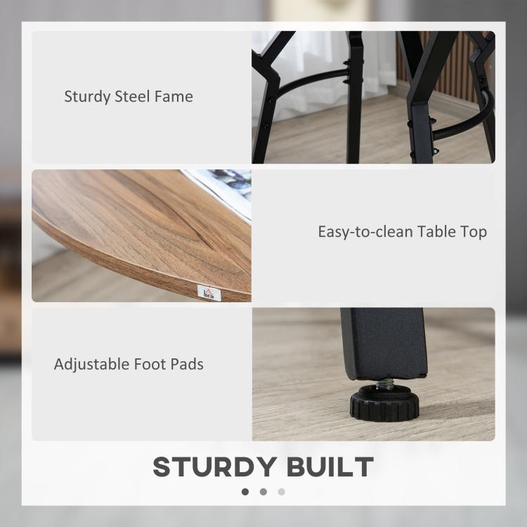 Sturdy bar set features graphic: steel frame, easy-clean top, adjustable foot pads.