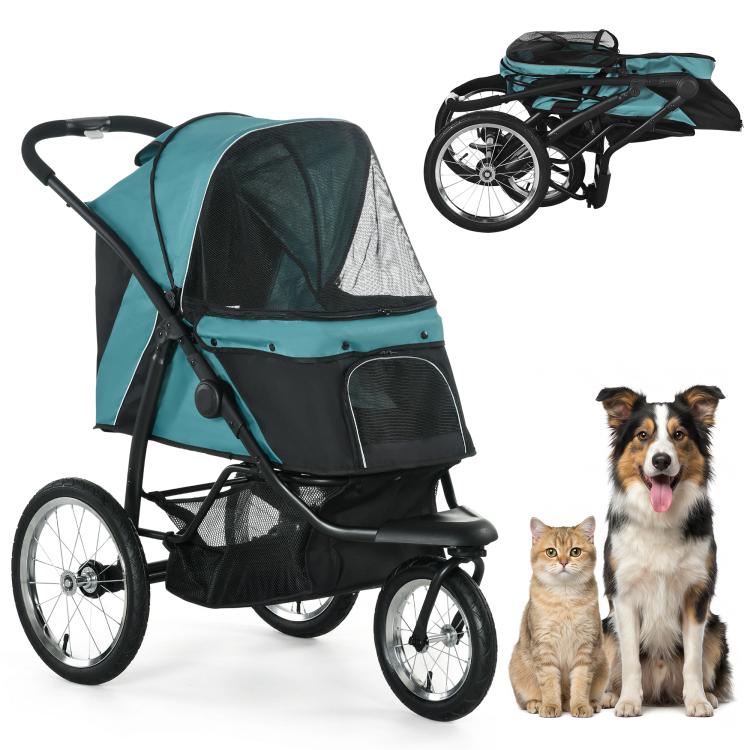 3-wheel pet stroller with dark green frame, teal canopy, front mesh window, storage basket