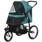 3-wheel pet stroller, dark green and teal fabric, front viewing panel and mesh canopy