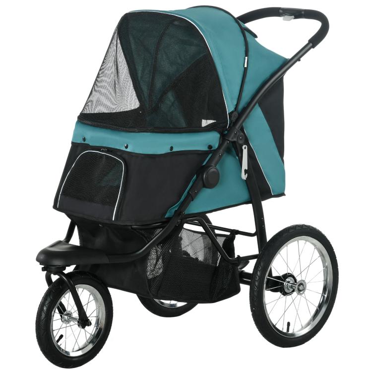 3-wheel pet stroller in dark green and teal with adjustable canopy and mesh basket