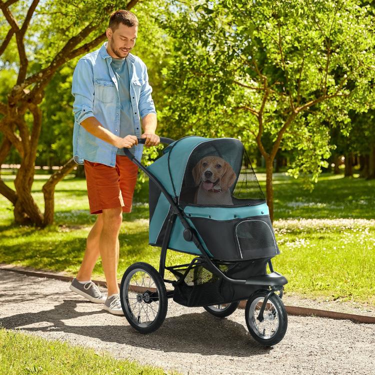 3-wheel pet stroller rolling outdoors, teal canopy over dark mesh sides and front viewing window