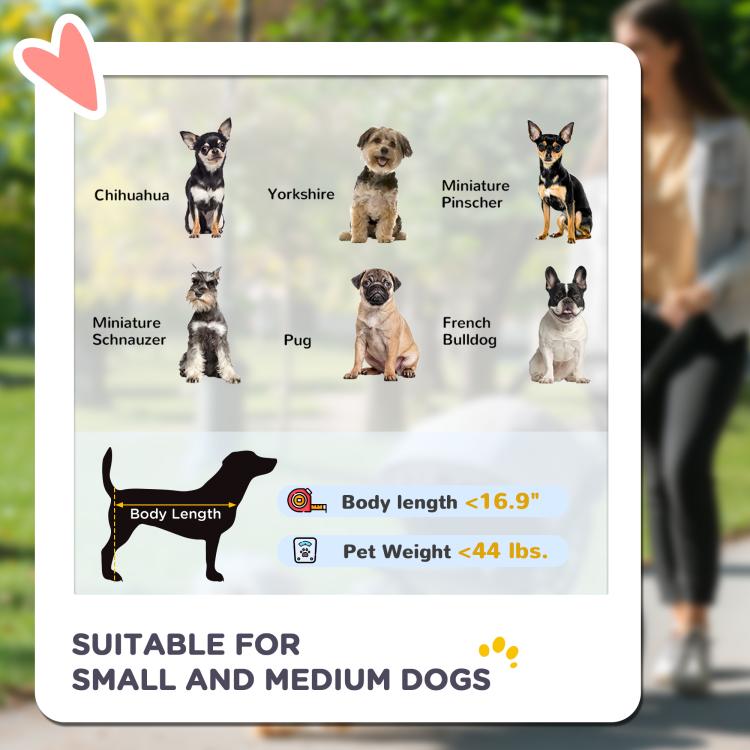 3-wheel pet stroller diagram for small and medium dogs, with body length and weight indicators