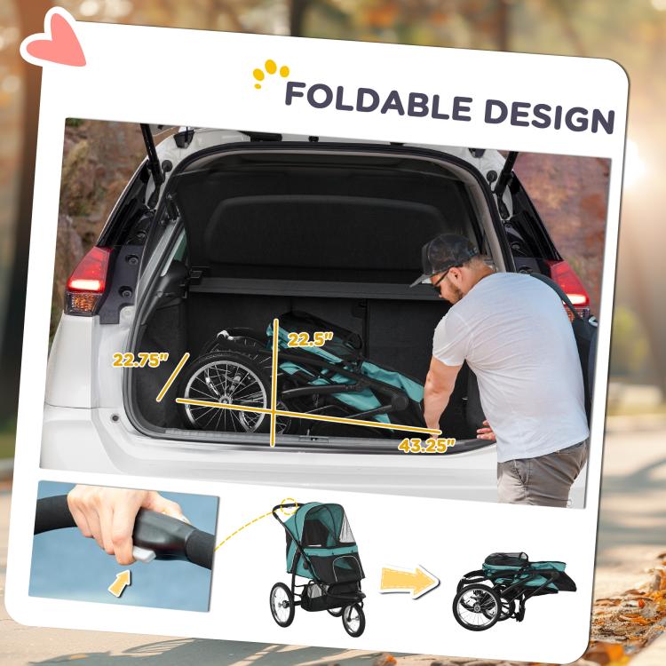 3-wheel pet stroller foldable design graphic showing trunk fit and folded stroller
