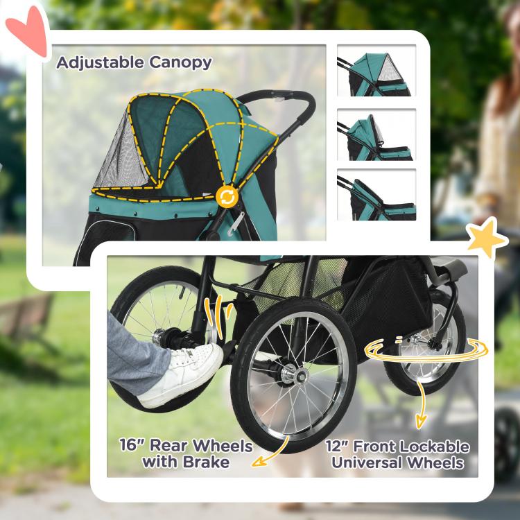 3-wheel pet stroller with adjustable canopy and rear brakes, front lockable universal wheels