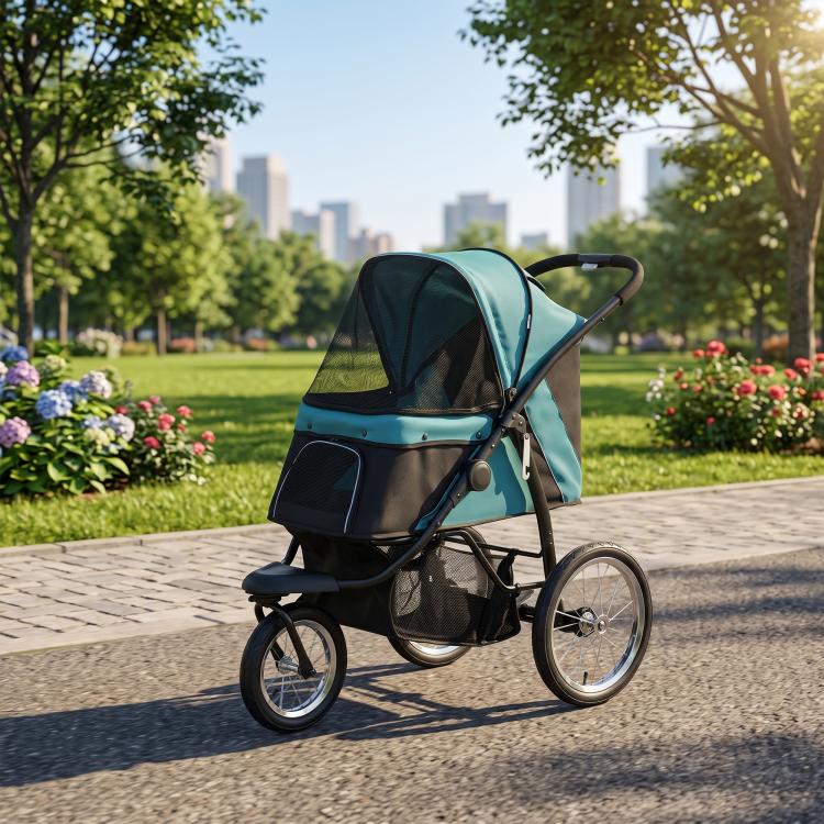 3-wheel pet stroller in dark green and teal with canopy, mesh sides, and 3-wheel frame