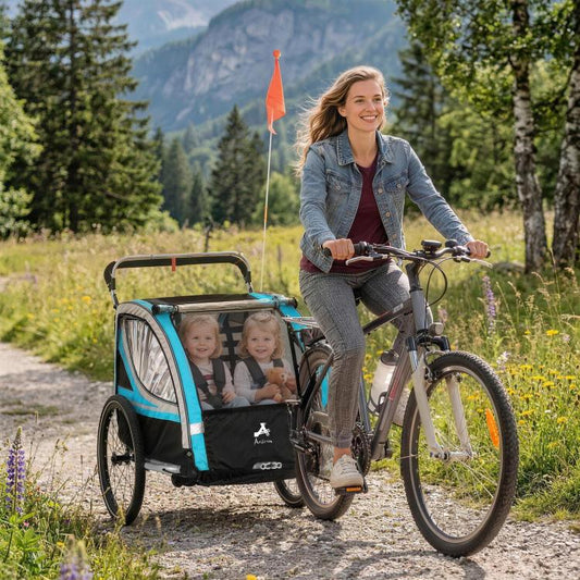 Blue double-seat jogging bike trailer hitched to a bicycle with two kids inside