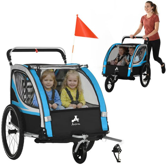 Blue double-seat kids bike trailer with front flag and clear mesh canopy