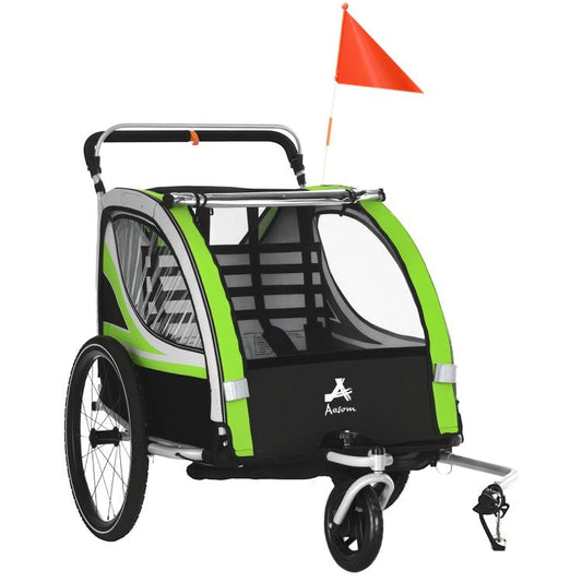 Green double child bike trailer with clear front window and black mesh seats