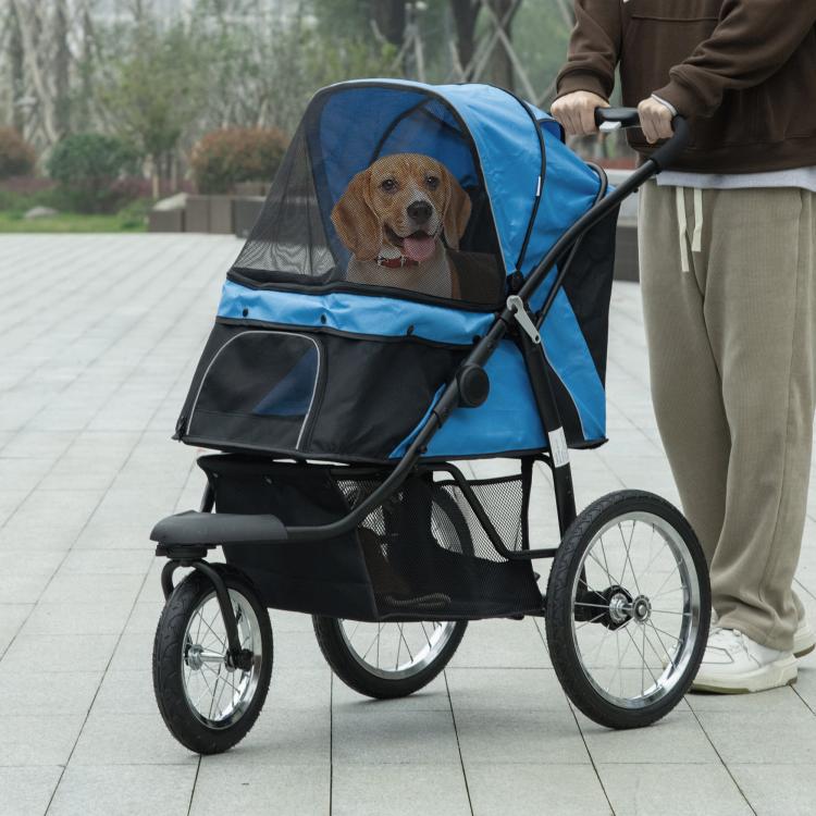 Blue and black pet stroller with mesh canopy, front door panel, and safety tether