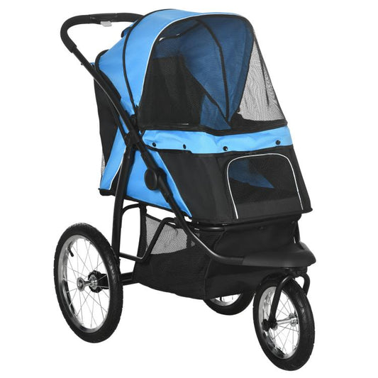 Blue and black 3-wheel pet stroller with mesh canopy and front storage pouch