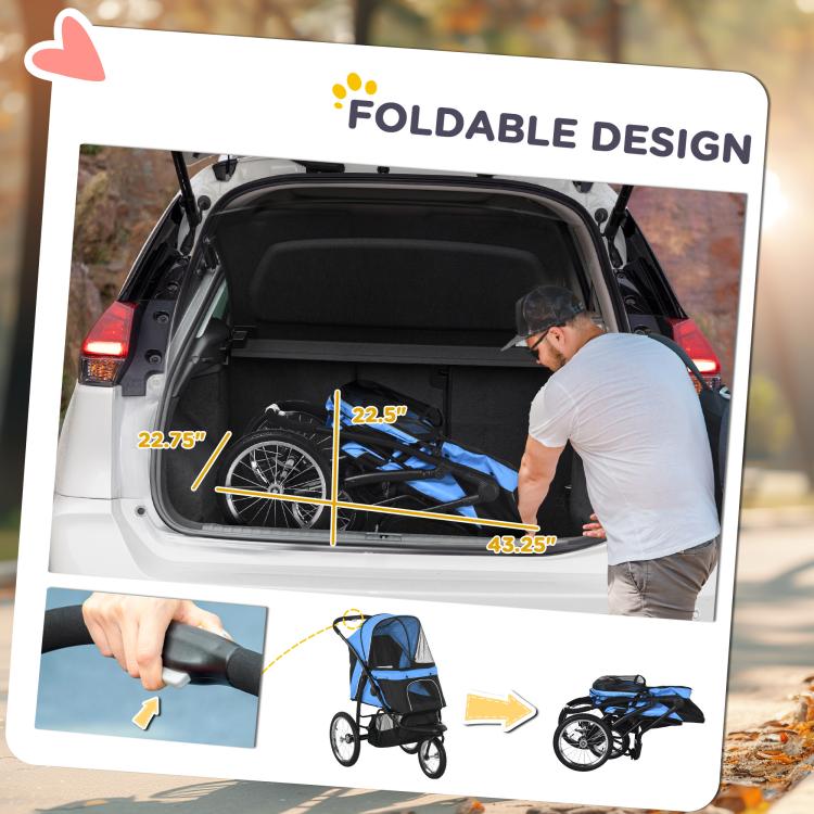 Blue and black pet stroller with foldable design shown in open and folded states