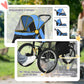 Blue and black pet stroller with adjustable canopy, rear brakes, and front lockable wheels