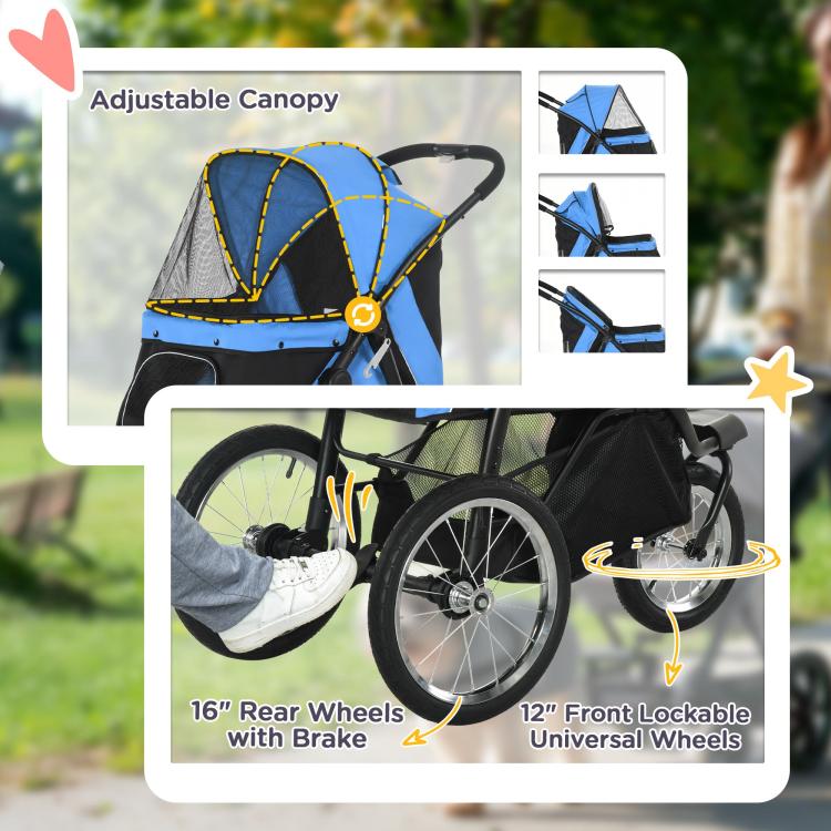 Blue and black pet stroller with adjustable canopy, rear brakes, and front lockable wheels