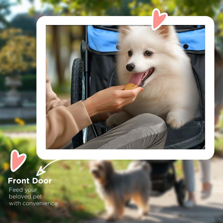 Blue and black pet stroller with front door opening and mesh side panels