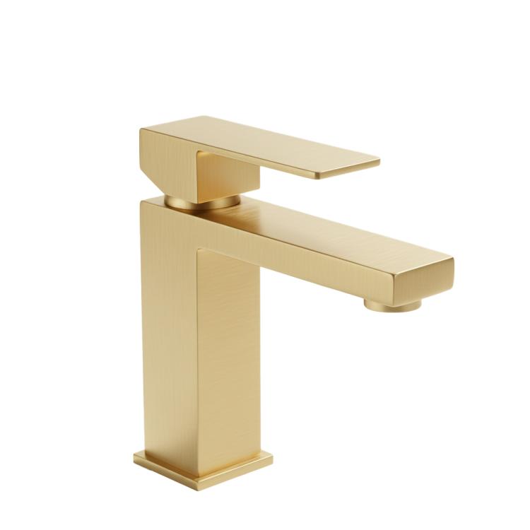 Brushed gold single-handle bathroom sink faucet with rectangular spout.