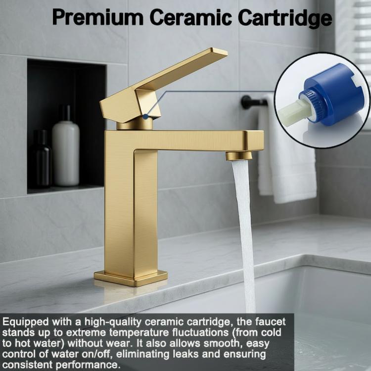 Brushed gold single-handle bathroom faucet with water flow and spout.