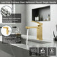 Brushed gold single-handle bathroom faucet shown with feature icons graphic.