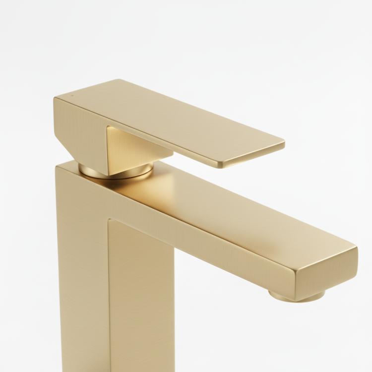 Brushed gold single-hole bathroom faucet with flat rectangular spout and lever.